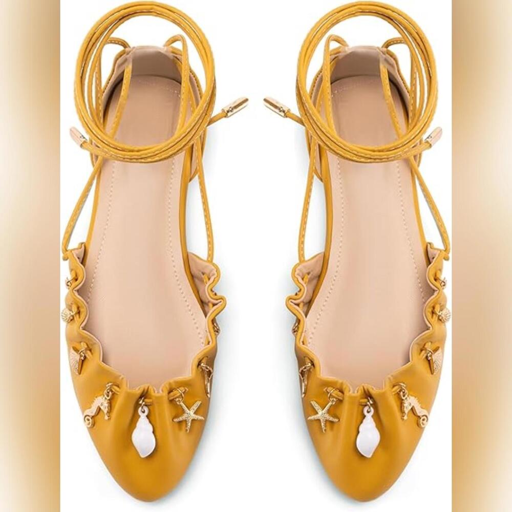 NIB Lhamo Latso Lace Up Pointed Toe Ballerina Flats with Ocean Accents, 8